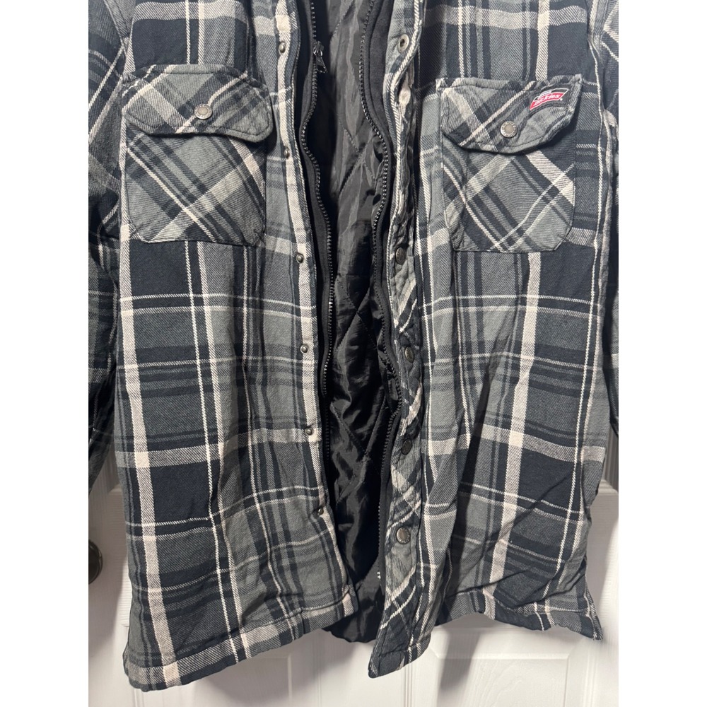 Genuine Dickies Hooded Flannel Shirt Jacket L Grey Black Plaid Quilted Vintage - Picture 5 of 7